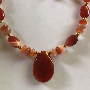 Handmade Handcrafted Carnelian bead necklace with faceted pendant & earrings NEW